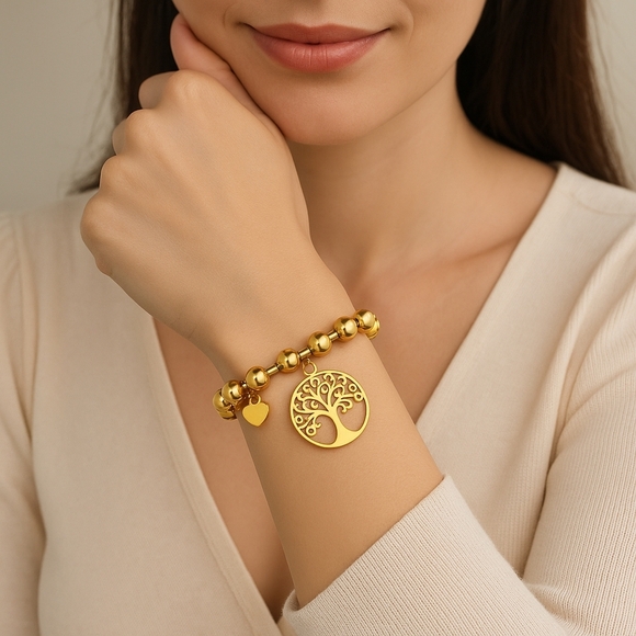 ποΈ24K Gold Plated Chunky Beaded Bracelet | Tree of Life & Heart Charm ππ³β¨ - Picture 7 of 13